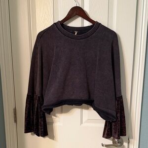 Free People Black Velvet Sleeve Crop Top Sweater